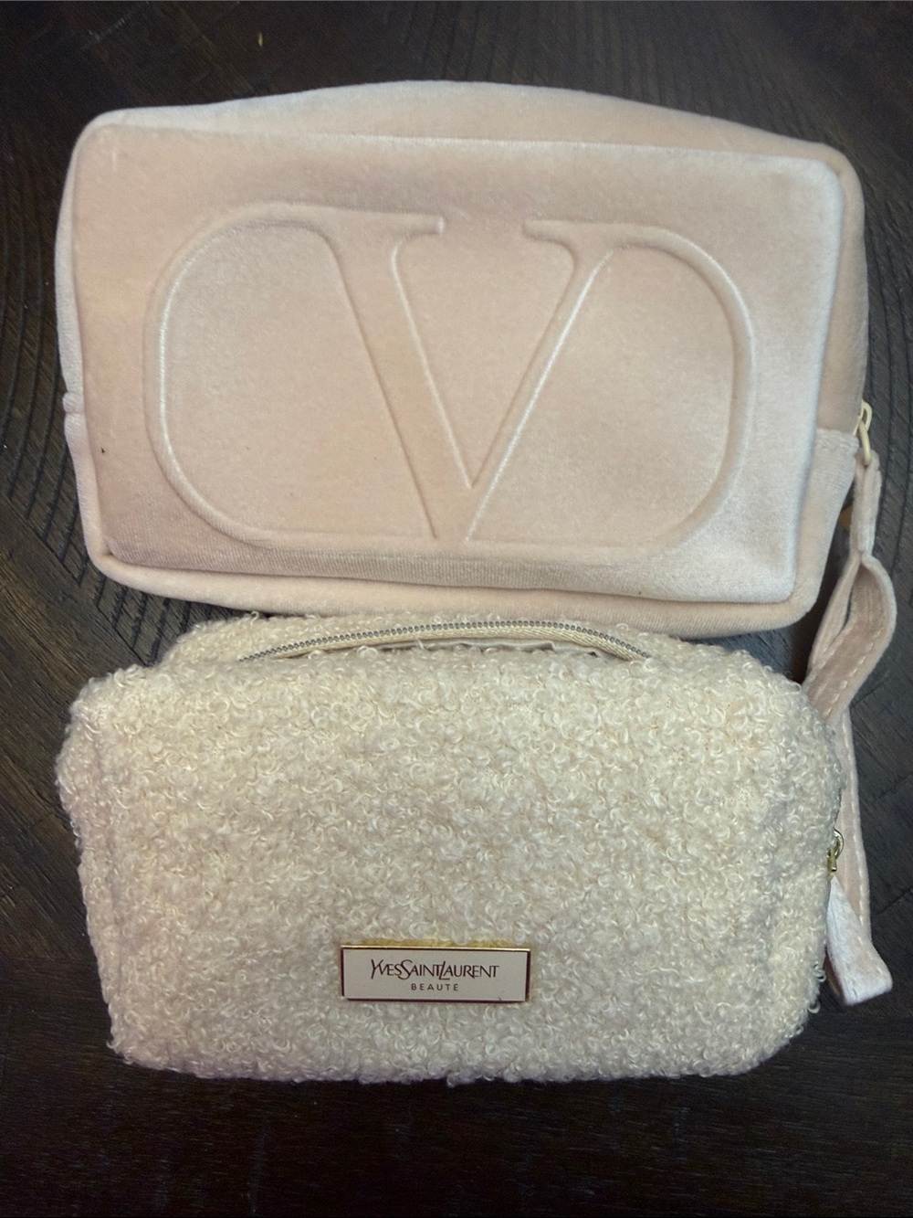 Source Unknown Pink Velvet & Cream Bouclé Cosmetic Pouch Set